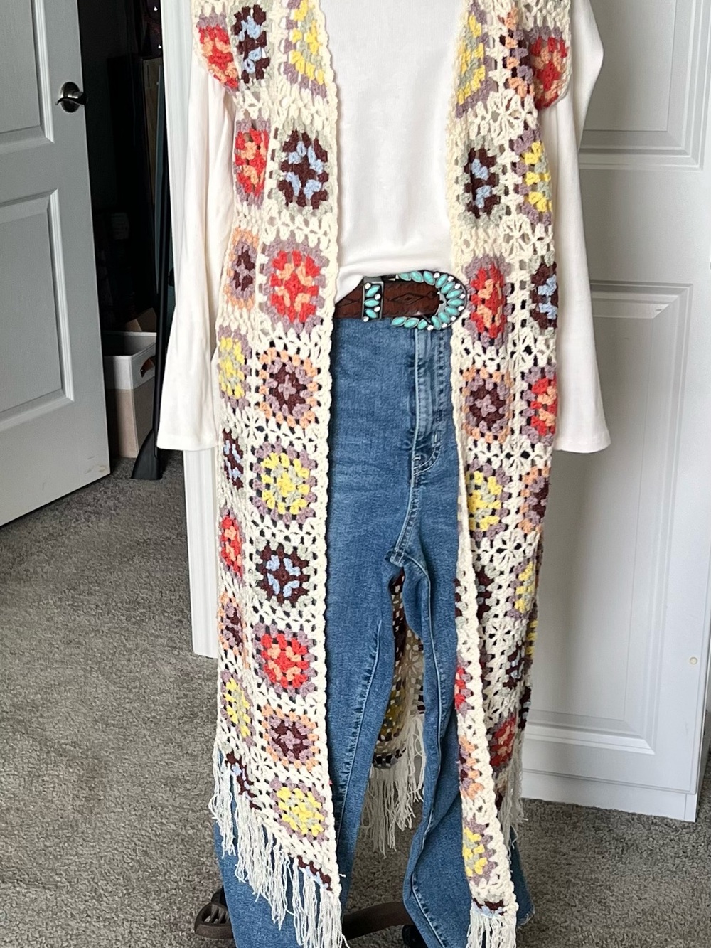POL-Long Crochet Granny Square Vest - Multicolor